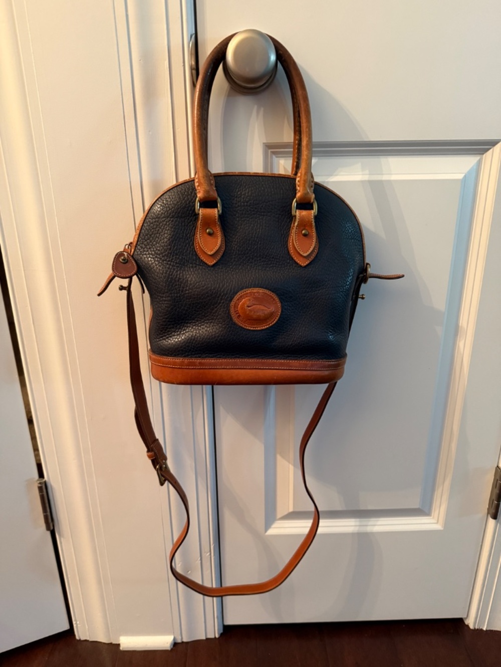 Dooney & Bourke Vintage Norfolk All Weather Leather Navy and Tan Satchel